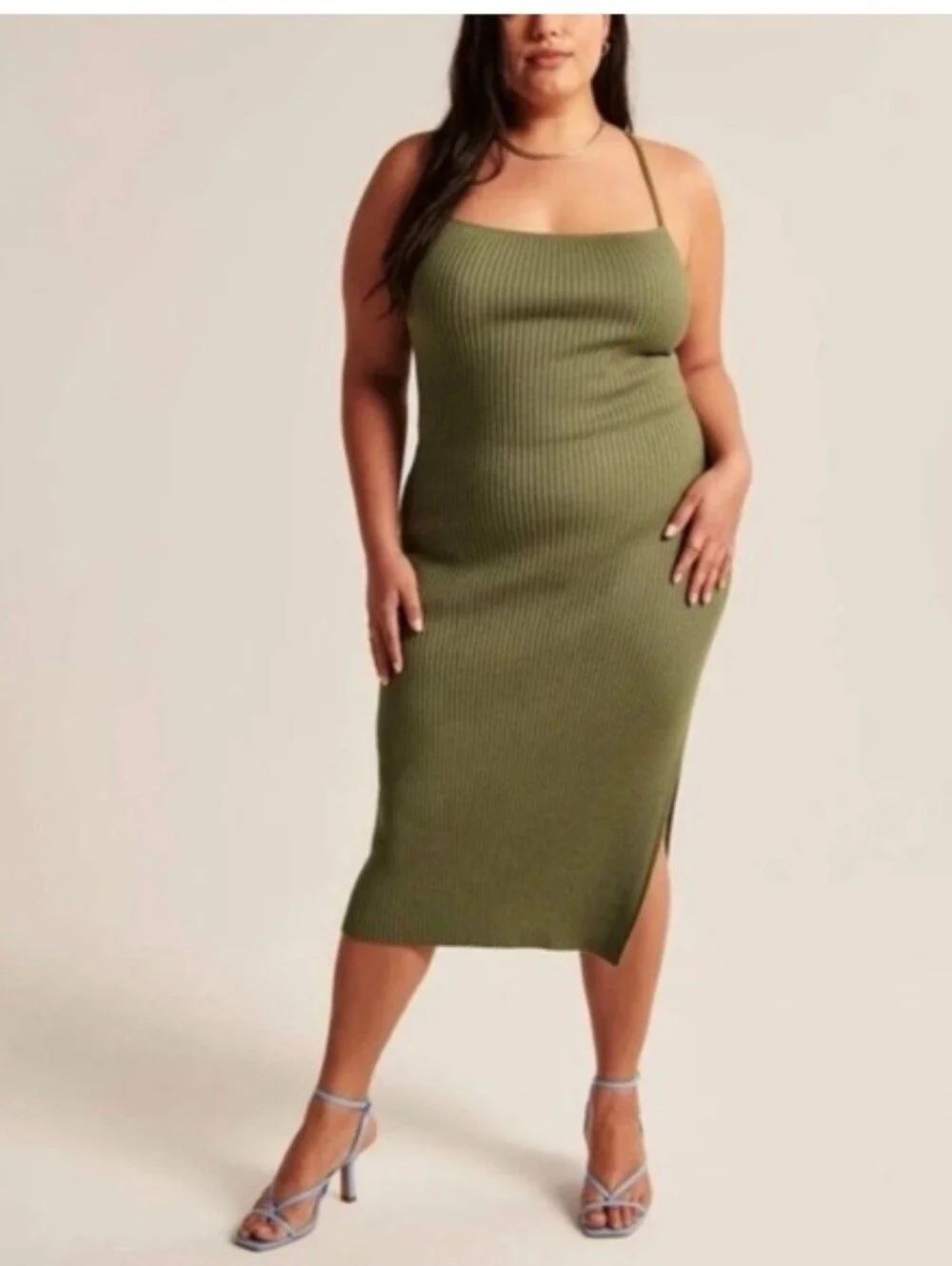 NWT BERCROMBIE & FITCH Lace up ribbed Knit Midi Dress in Olive Green size XL